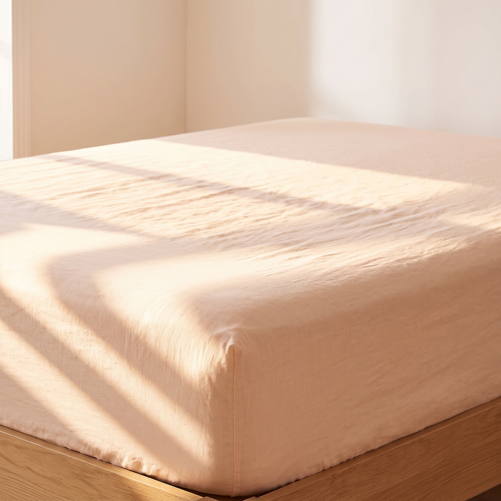 Linen Fitted Sheet – Deep Pocket in Peach – bed corner in golden sunlight against cream walls