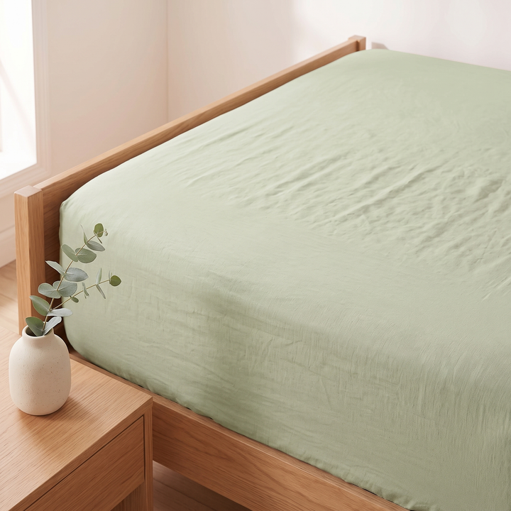 Linen Fitted Sheet – Deep Pocket in Sage – high angle with eucalyptus vase on bedside table