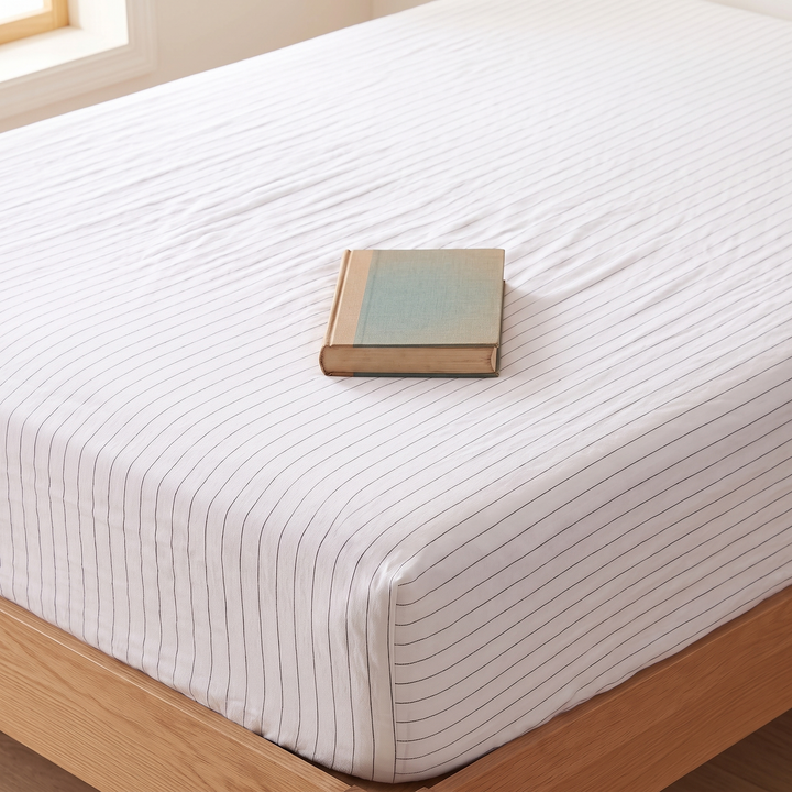 Linen Fitted Sheet – Deep Pocket in White Pinstripe – angled view with a closed hardcover book resting on top