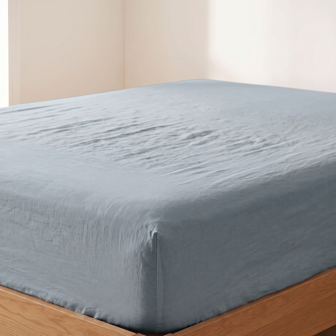 Linen Fitted Sheet – Deep Pocket in Dusty Blue