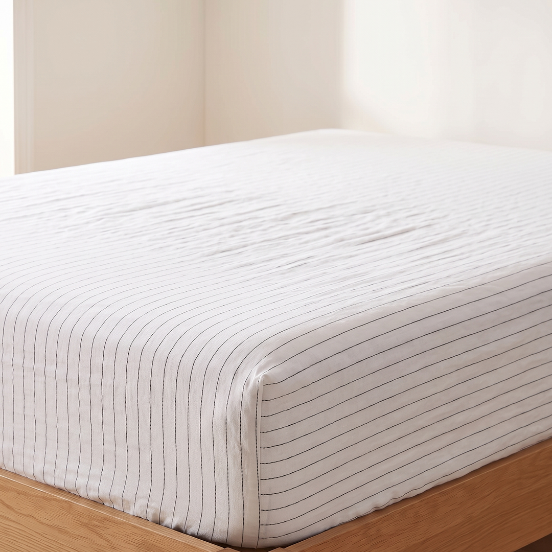 Linen Fitted Sheet – Deep Pocket in White Pinstripe