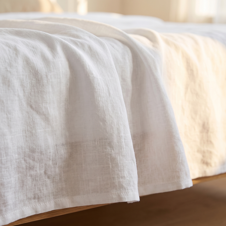 Linen Flat Sheet – Stone-Washed in White – close-up of hem and slubby weave hanging over wooden bed frame edge