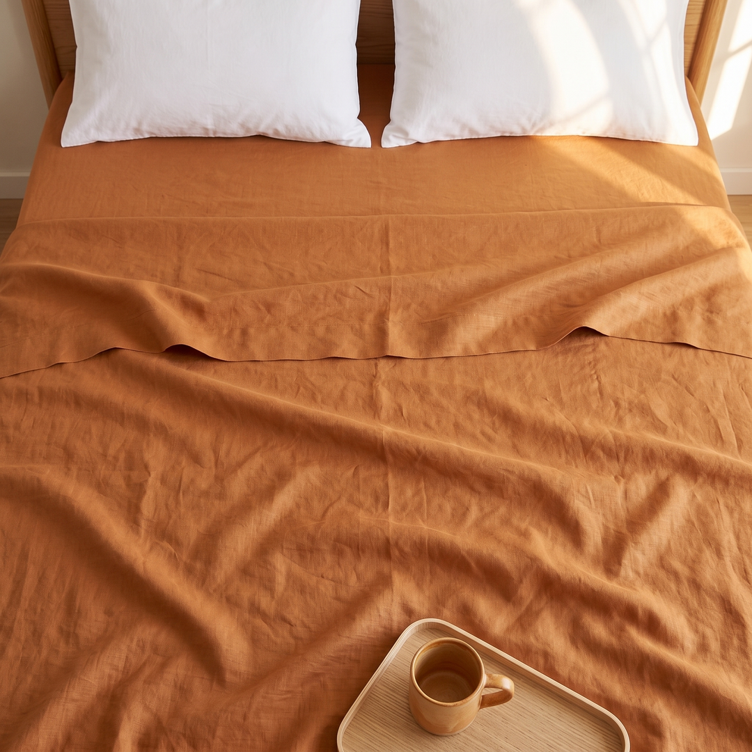 Linen Flat Sheet – Stone-Washed in Caramel – overhead view on bed with wooden tray and mug