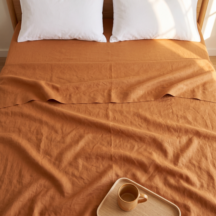 Linen Flat Sheet – Stone-Washed in Caramel – overhead view on bed with wooden tray and mug