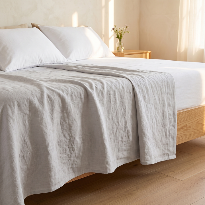 Linen Flat Sheet – Stone-Washed in Light Gray – angled view over low bed with flowers and curtains