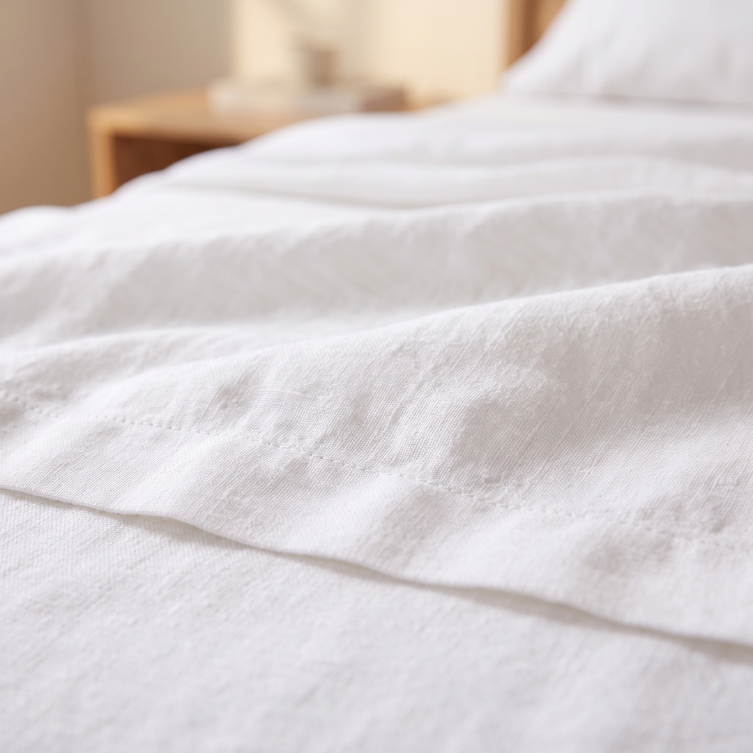 Linen Flat Sheet Set – Stone-Washed, with 2 Pillowcases in White – close-up of the hemstitched edge folded over on a bed