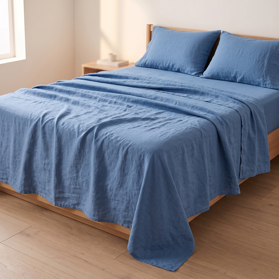 Linen Flat Sheet Set – Stone-Washed, with 2 Pillowcases in Blue – rumpled over a platform bed beside a book-topped nightstand