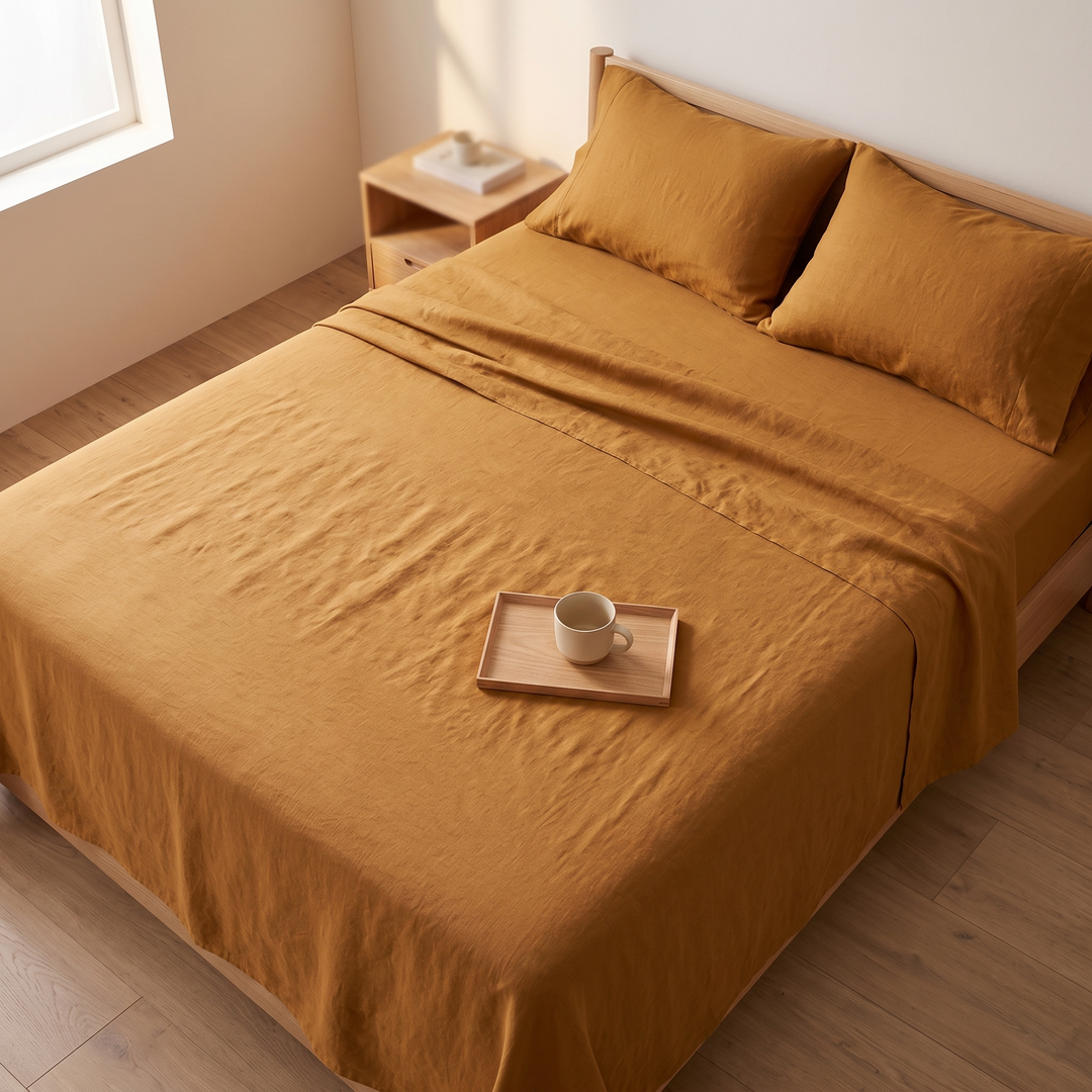 Linen Flat Sheet Set – Stone-Washed, with 2 Pillowcases in Caramel – from above, bed with a mug on a wooden tray