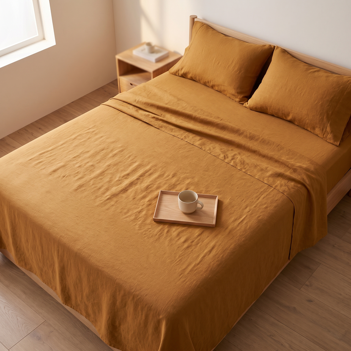 Linen Flat Sheet Set – Stone-Washed, with 2 Pillowcases in Caramel – from above, bed with a mug on a wooden tray