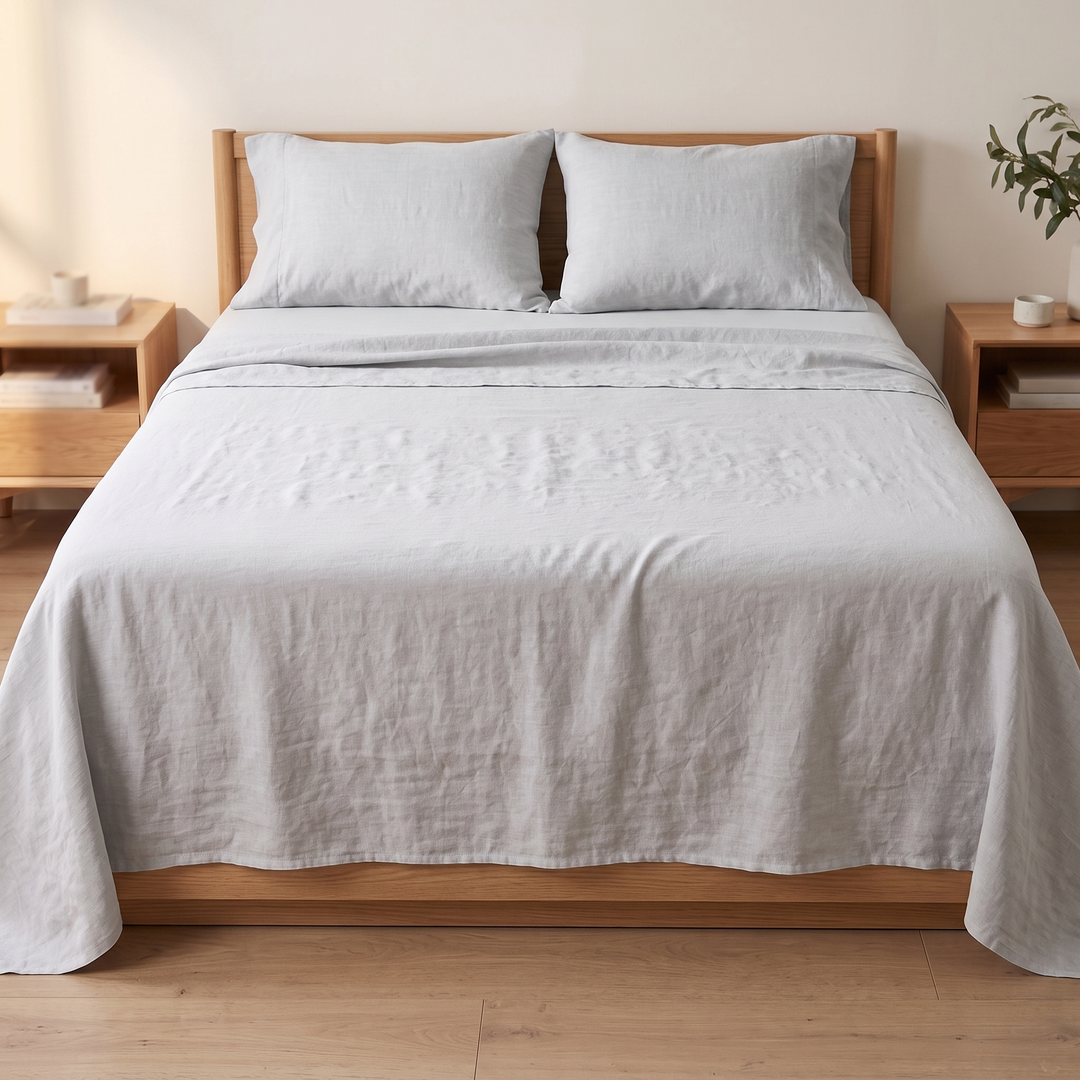 Linen Flat Sheet Set – Stone-Washed, with 2 Pillowcases in Light Gray – front view on a bed between two wooden nightstands