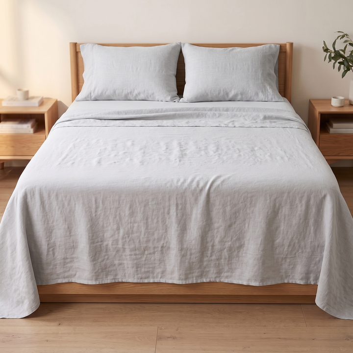 Linen Flat Sheet Set – Stone-Washed, with 2 Pillowcases in Light Gray – front view on a bed between two wooden nightstands