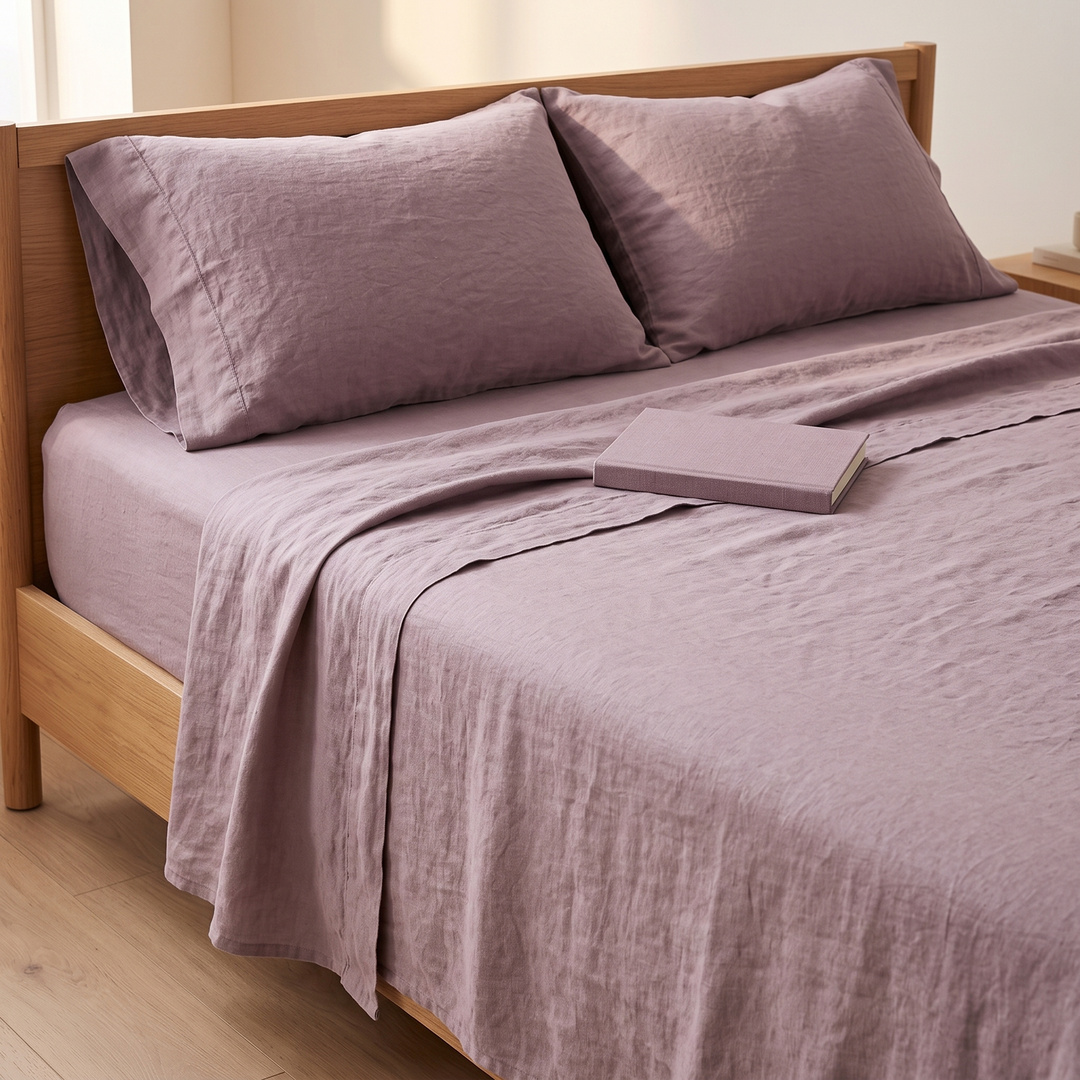 Linen Flat Sheet Set – Stone-Washed, with 2 Pillowcases in Mauve – closed book resting on the sheet near pillows