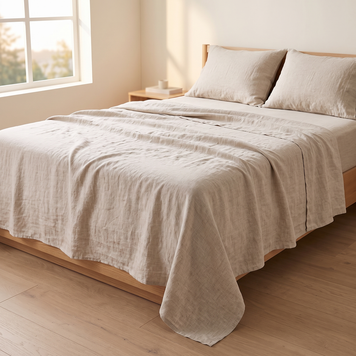 Linen Flat Sheet Set – Stone-Washed, with 2 Pillowcases in Oatmeal – draped loosely over a bed, corner hanging near the floor
