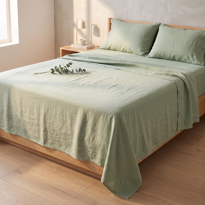 Linen Flat Sheet Set – Stone-Washed, with 2 Pillowcases in Sage – with a eucalyptus sprig resting on the spread sheet