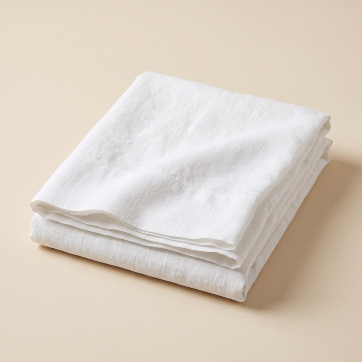 Linen Flat Sheet – Stone-Washed in White – neatly folded stack on a plain peach background