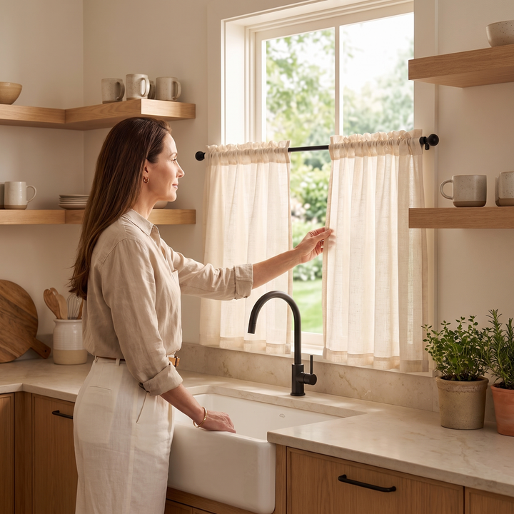 Cafe Curtains – Linen Look, Rod Pocket Top in Cream – woman touching panel in kitchen with open oak shelving