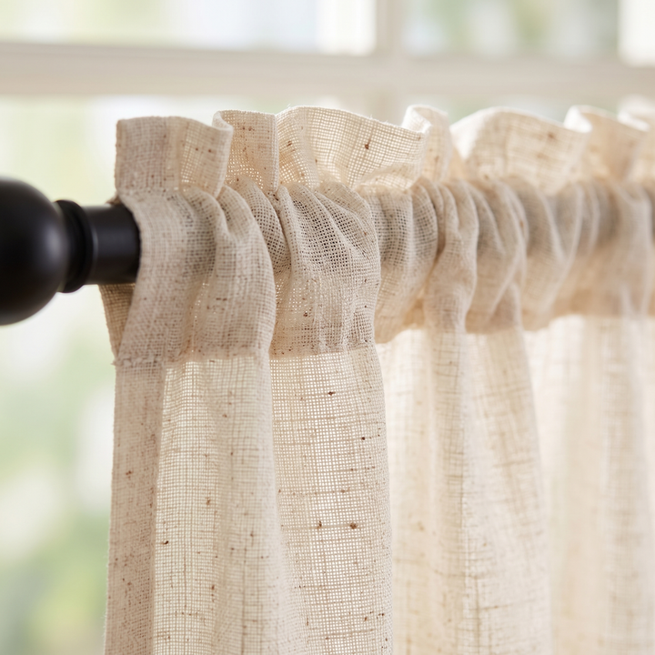 Cafe Curtains – Linen Look, Rod Pocket Top in Cream – close-up of rod pocket heading and slubbed weave on black rod