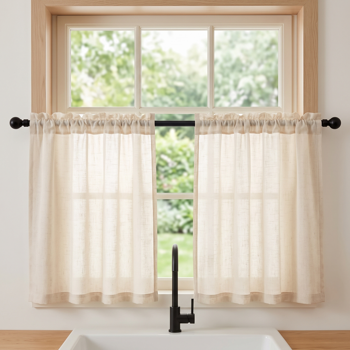 Cafe Curtains – Linen Look, Rod Pocket Top in Cream – hung on a black rod across a kitchen window above sink