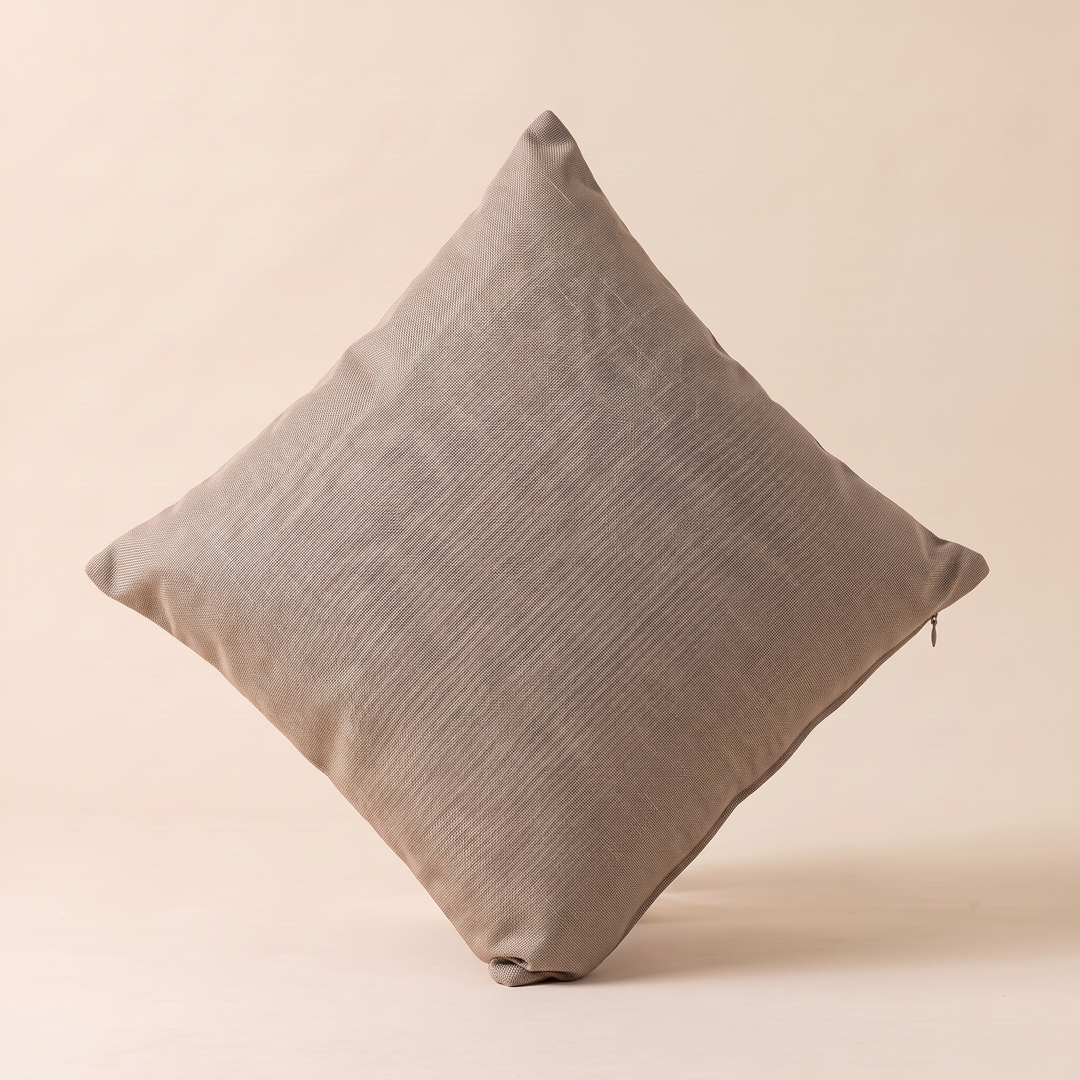 Linen-Look Pillow Cover in Tan – balanced on one corner with side zipper visible