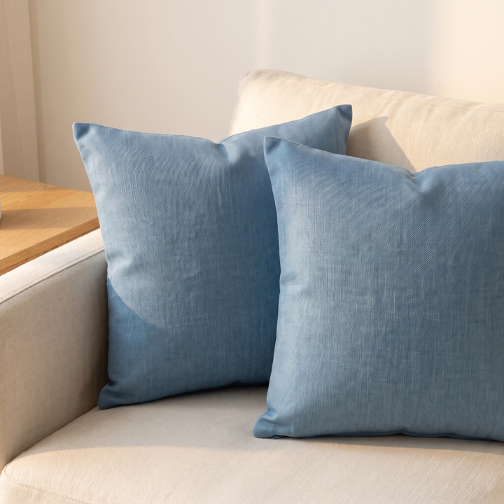 Linen-Look Pillow Cover in Blue – two stacked on a cream sofa beside a wooden side table
