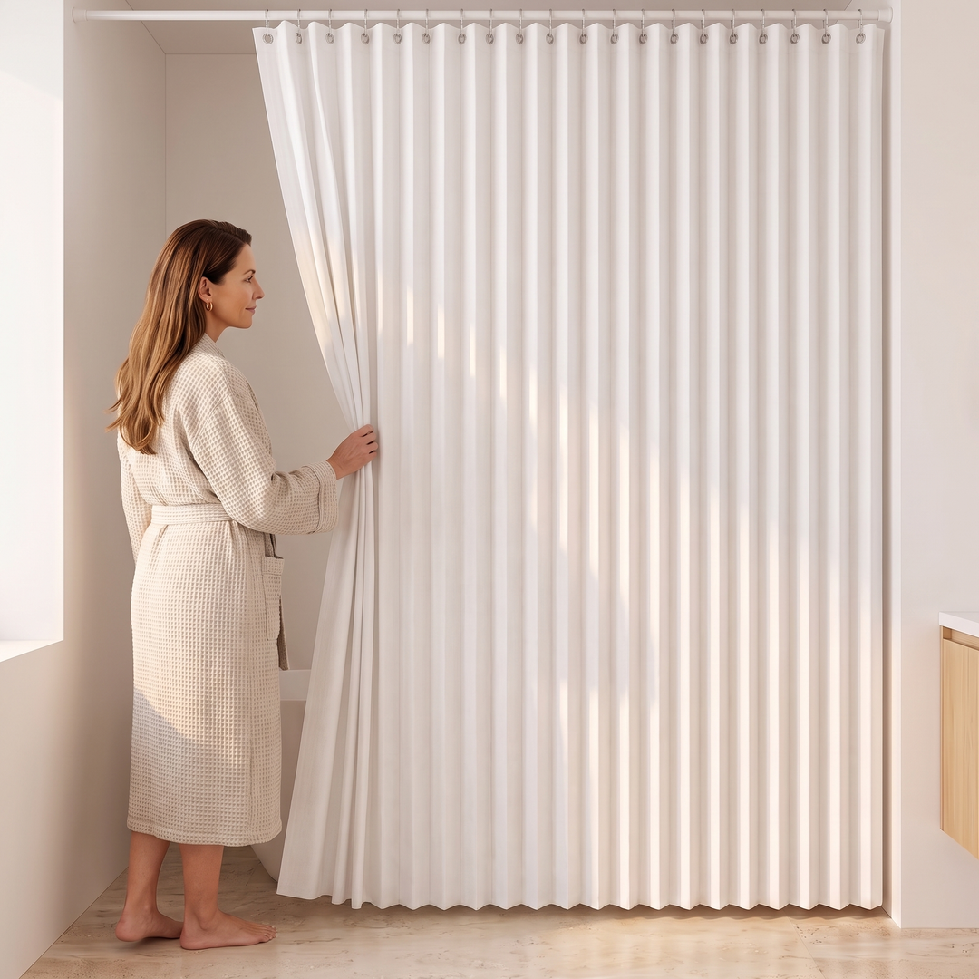 Pleated Fabric Shower Curtain – Linen Look, Extra Wide Sizes in White
