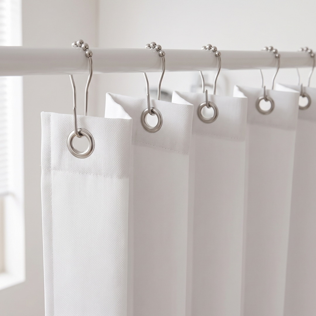 Pleated Fabric Shower Curtain – Linen Look, Extra Wide Sizes in White – close-up of pleats hanging from rod with metal roller-ball hooks