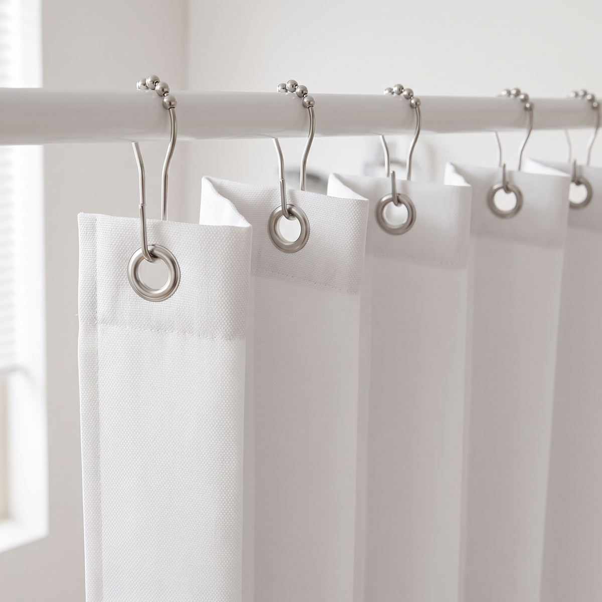 Pleated Fabric Shower Curtain – Linen Look, Extra Wide Sizes in White – close-up of pleats hanging from rod with metal roller-ball hooks