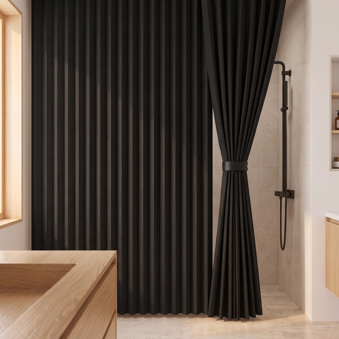 Pleated Fabric Shower Curtain – Linen Look, Extra Wide Sizes in Black – gathered with a tieback beside a wood vanity