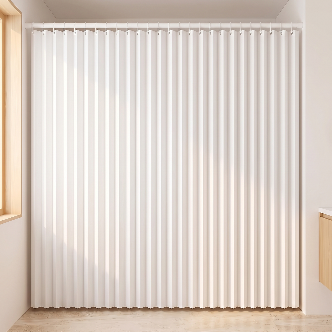 Pleated Fabric Shower Curtain – Linen Look, Extra Wide Sizes in White