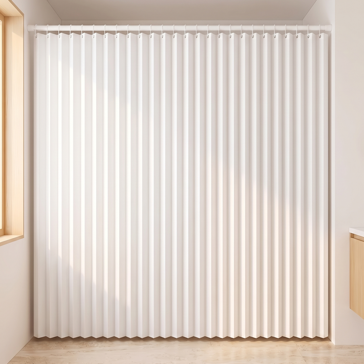 Pleated Fabric Shower Curtain – Linen Look, Extra Wide Sizes in White – hung full width on a rod in a bright bathroom