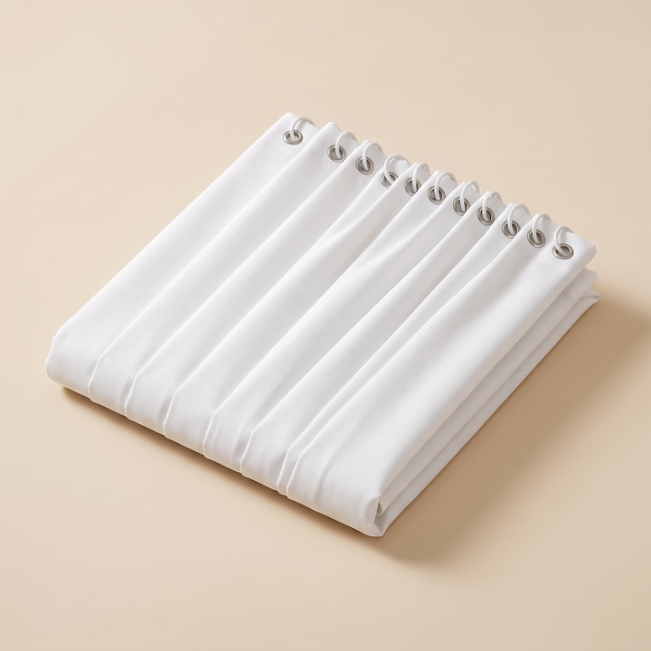 Pleated Fabric Shower Curtain – Linen Look, Extra Wide Sizes in White – folded neatly in a stack showing metal grommets along top edge