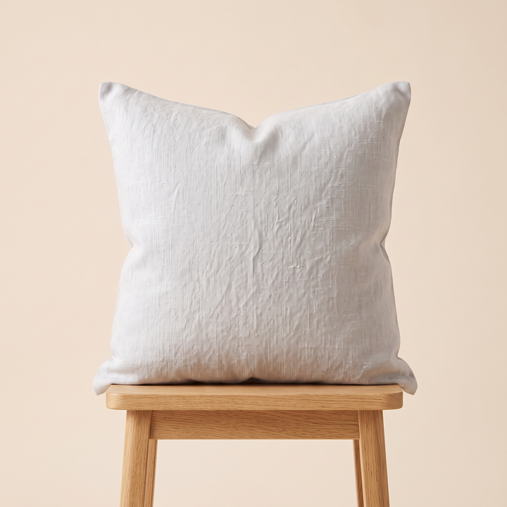 Linen Pillow Cover – 100% Linen in Light Gray – standing upright on a light oak stool against a peach wall
