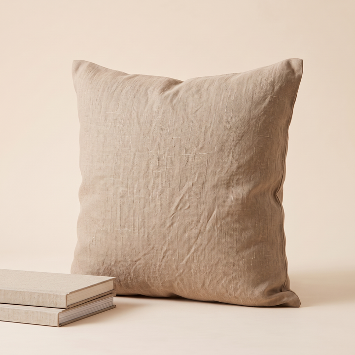 Linen Pillow Cover – 100% Linen in Oatmeal – upright beside a short stack of two closed books