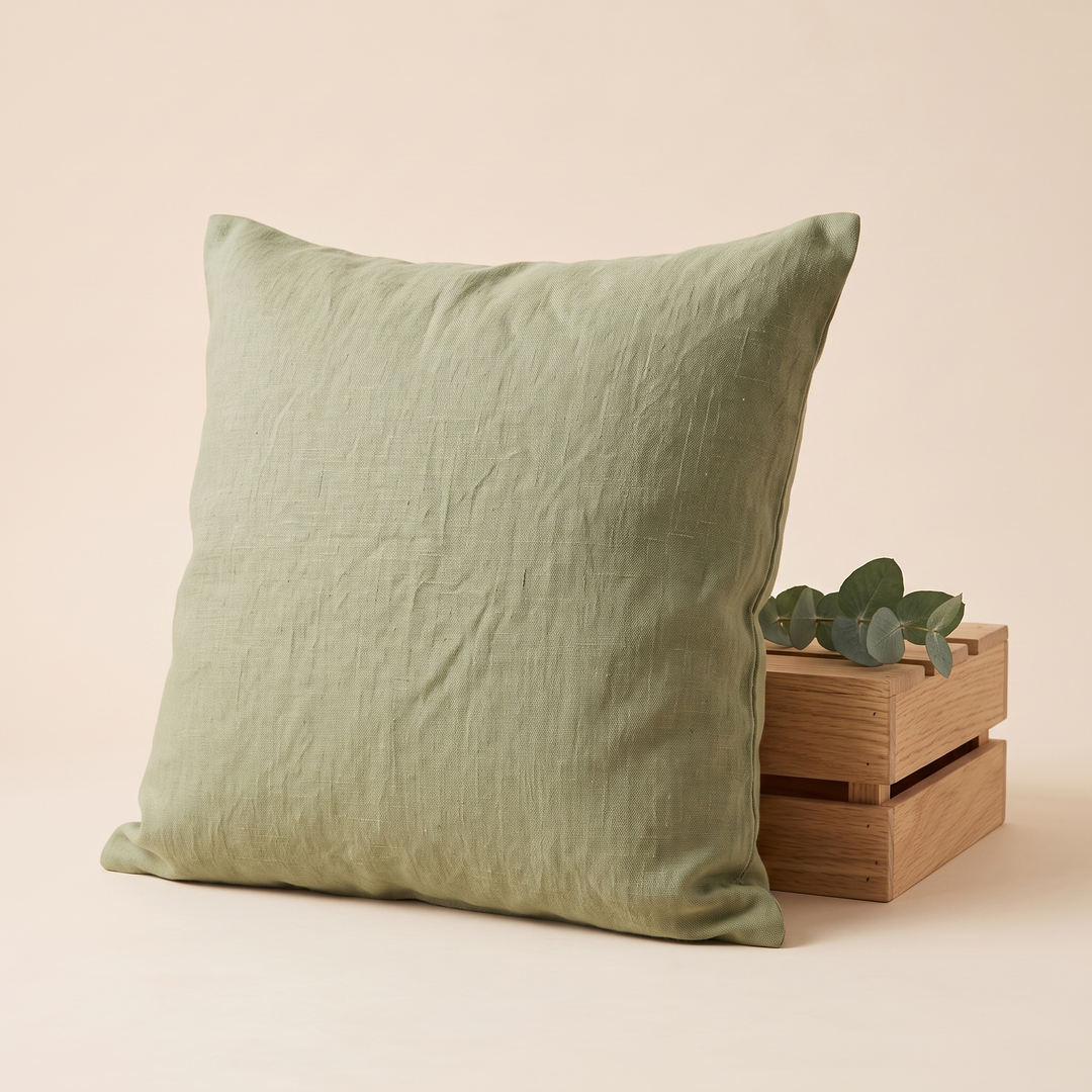 Linen Pillow Cover – 100% Linen in Sage – leaning against a slatted wooden crate with eucalyptus sprig