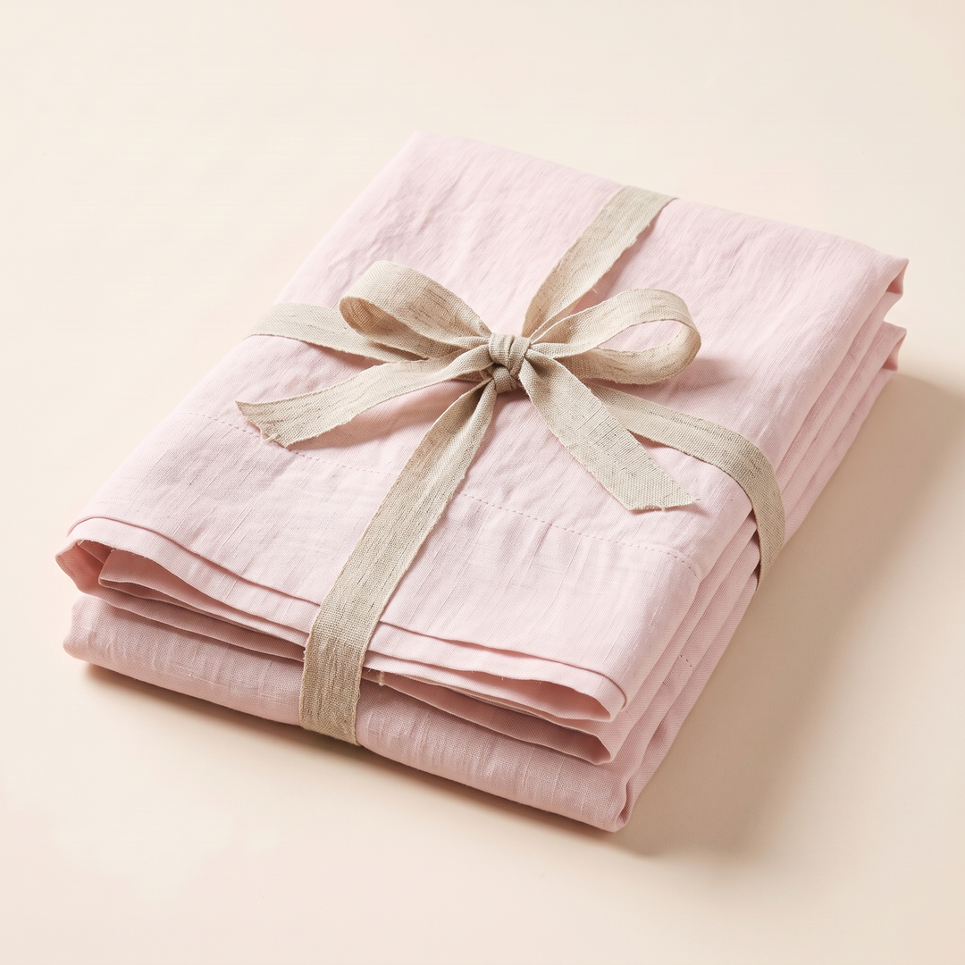 Linen Pillowcases – Set of 2 in Light Pink – folded stack tied with a natural linen ribbon bow