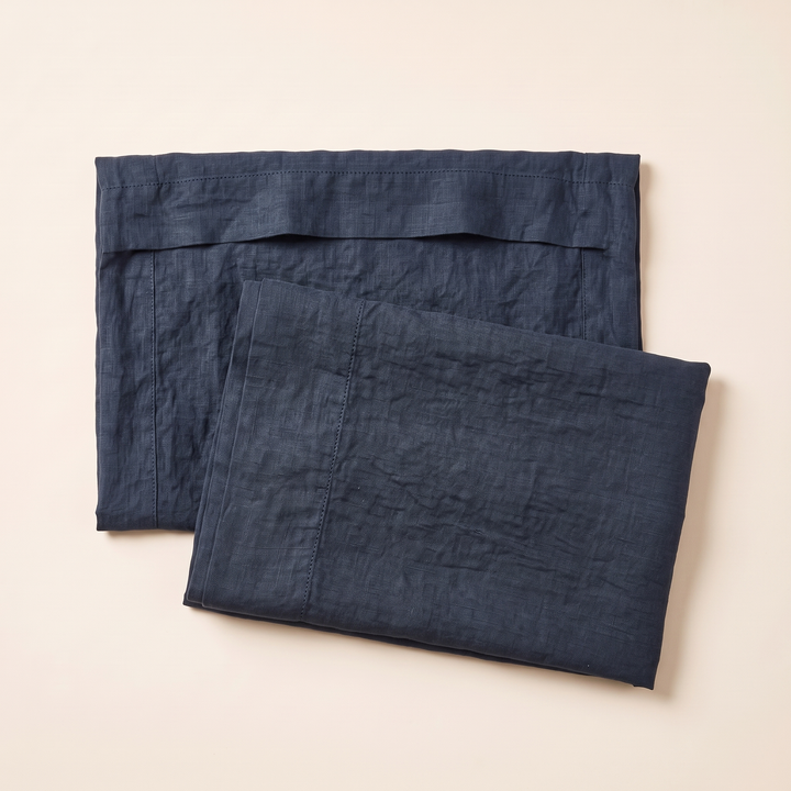 Linen Pillowcases – Set of 2 in Navy Blue – overhead view showing the hemmed flap opening of one pillowcase