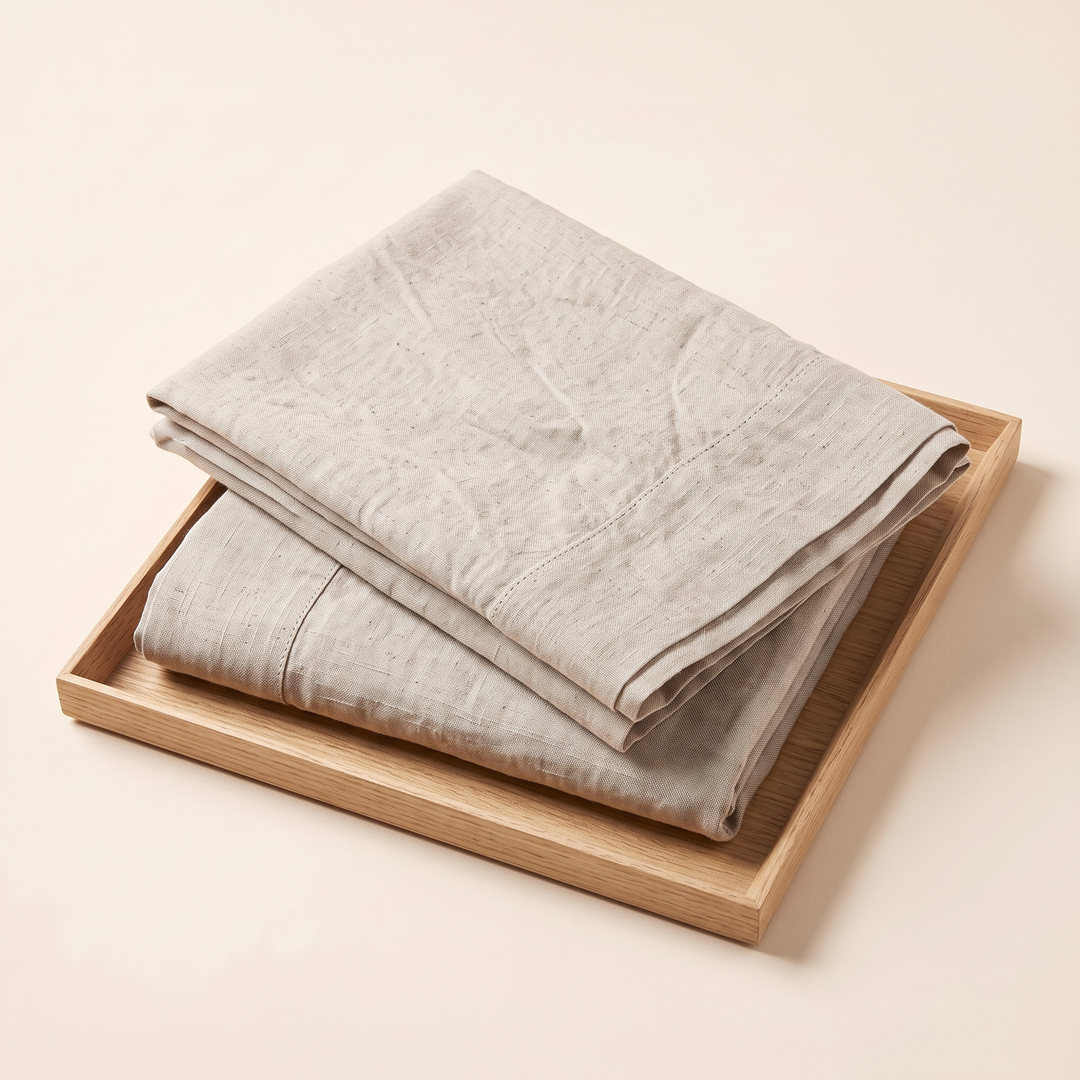 Linen Pillowcases – Set of 2 in Oatmeal – stacked on a square wooden tray, seen from above at an angle