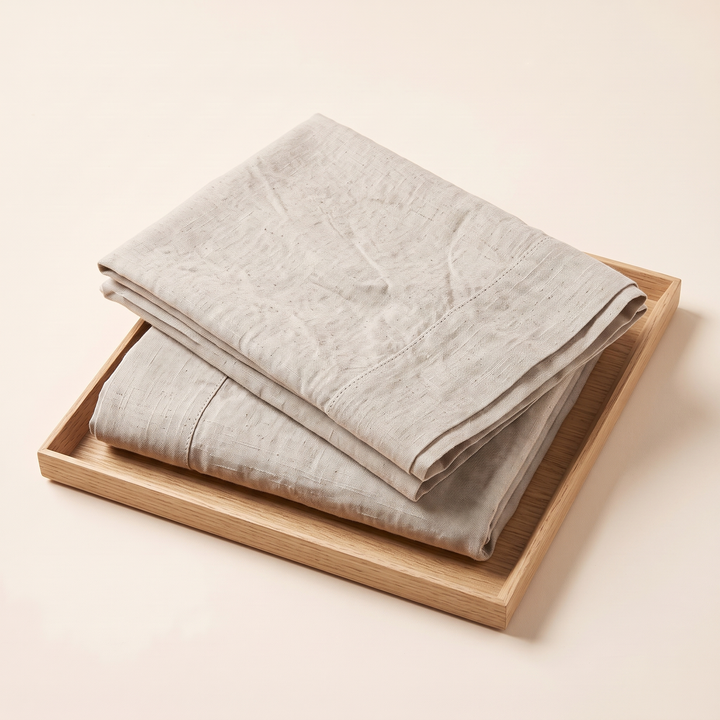 Linen Pillowcases – Set of 2 in Oatmeal – stacked on a square wooden tray, seen from above at an angle