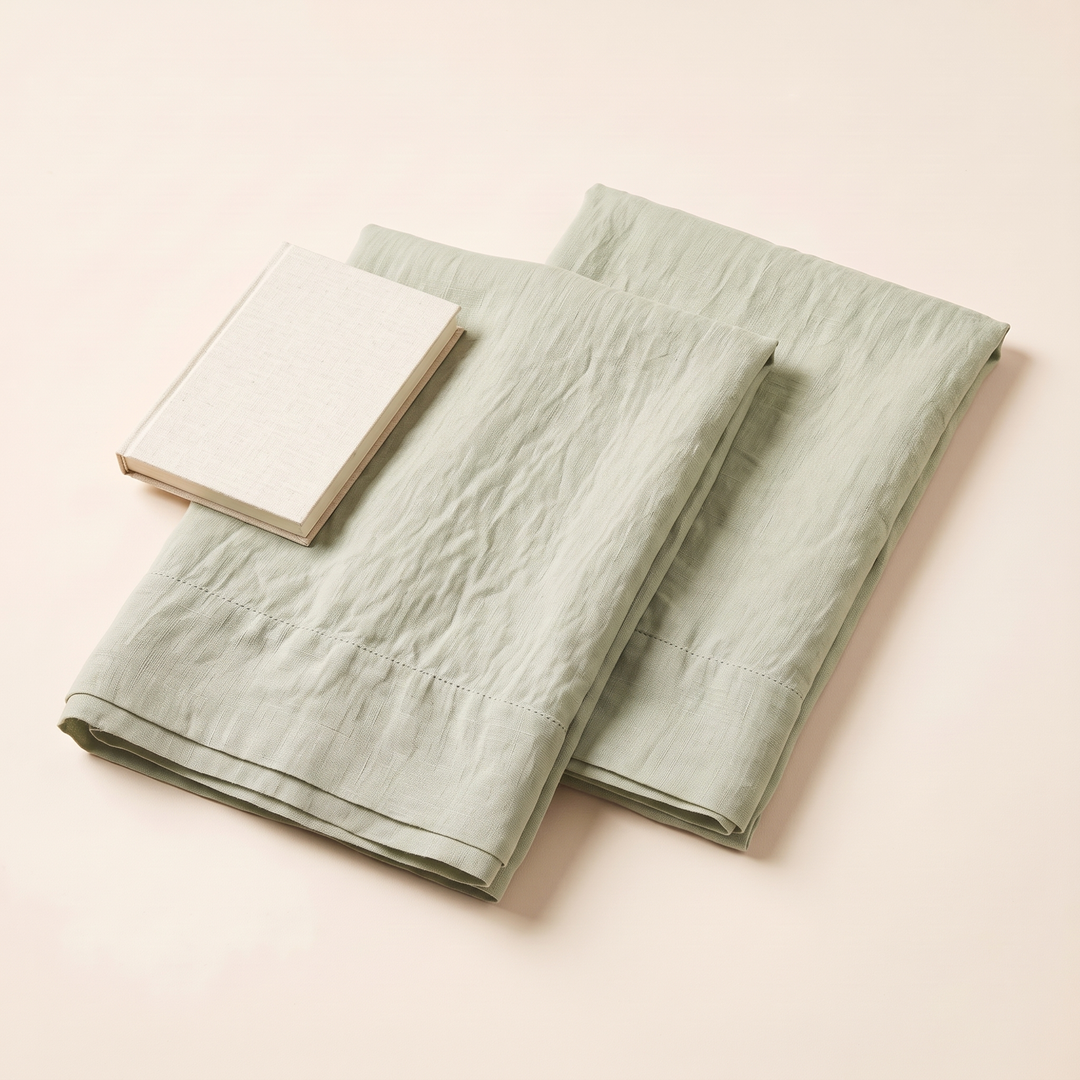 Linen Pillowcases – Set of 2 in Sage – two folded pillowcases with a small linen-covered notebook on top
