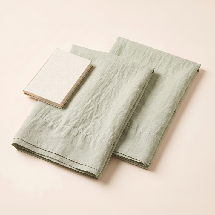 Linen Pillowcases – Set of 2 in Sage – two folded pillowcases with a small linen-covered notebook on top