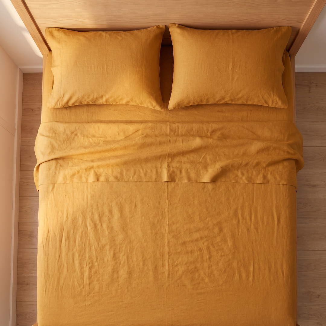 Linen Sheet Set in Mustard – overhead view of a bed with two pillows