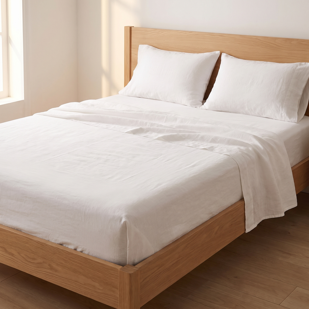 Linen Sheet Set in White – on a made oak bed in a sunlit bedroom