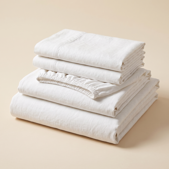 Linen Sheet Set in White – neatly folded stack with fitted sheet and pillowcases on a plain background