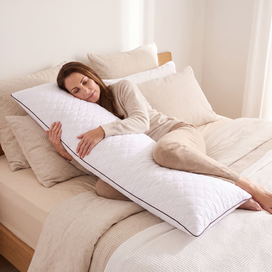 Long Body Pillow – Quilted in White – hugged by a woman lying on her side in bed