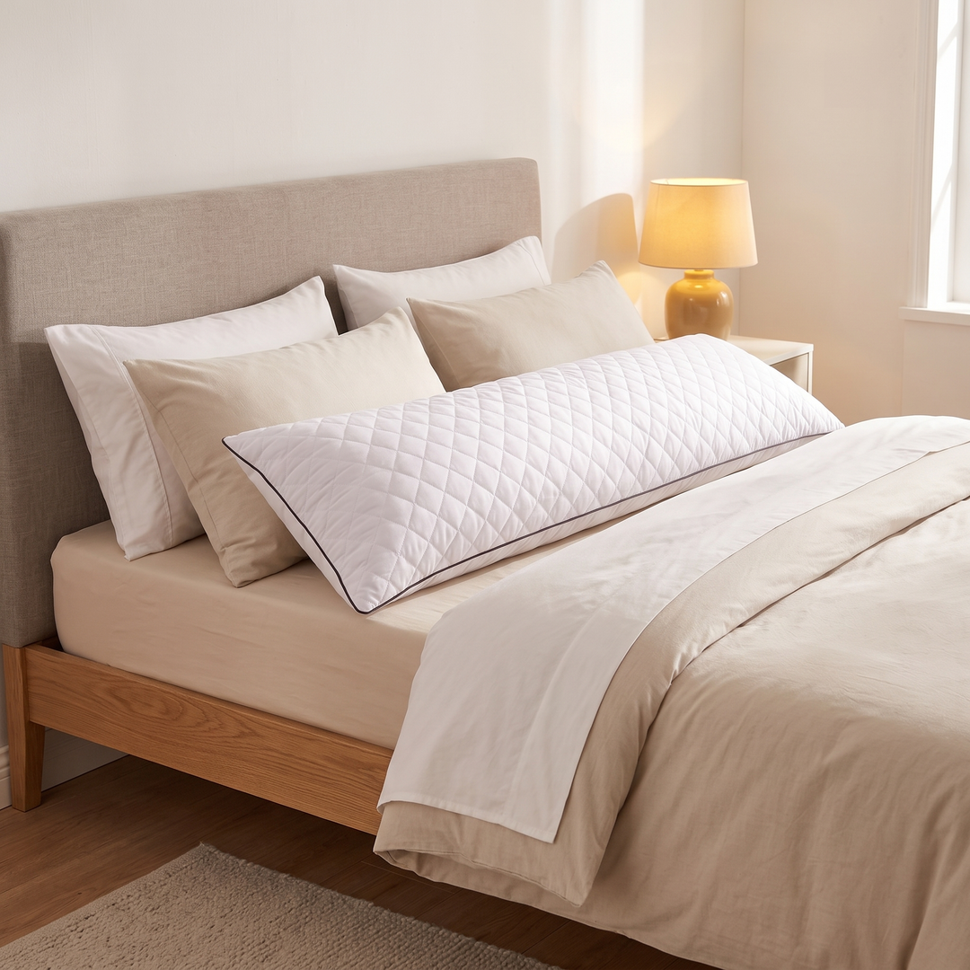 Long Body Pillow – Quilted in White – layered with other pillows on a made wooden bed