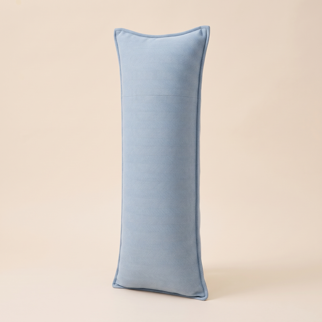 Long Lumbar Pillow Cover in Light Blue – standing upright showing a horizontal seam across the upper panel