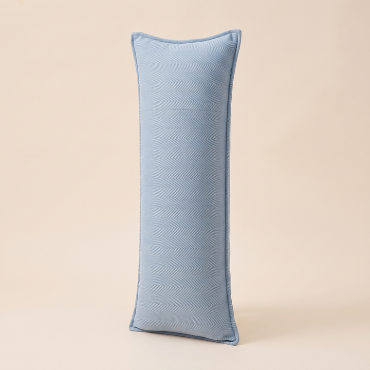 Long Lumbar Pillow Cover in Light Blue – standing upright showing a horizontal seam across the upper panel