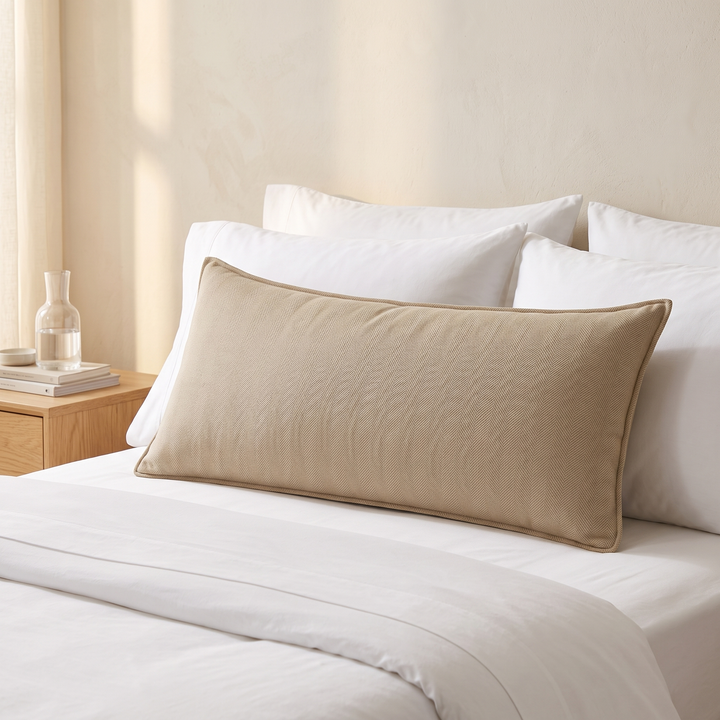 Long Lumbar Pillow Cover in Beige – propped against white pillows on a made bed beside a wooden nightstand