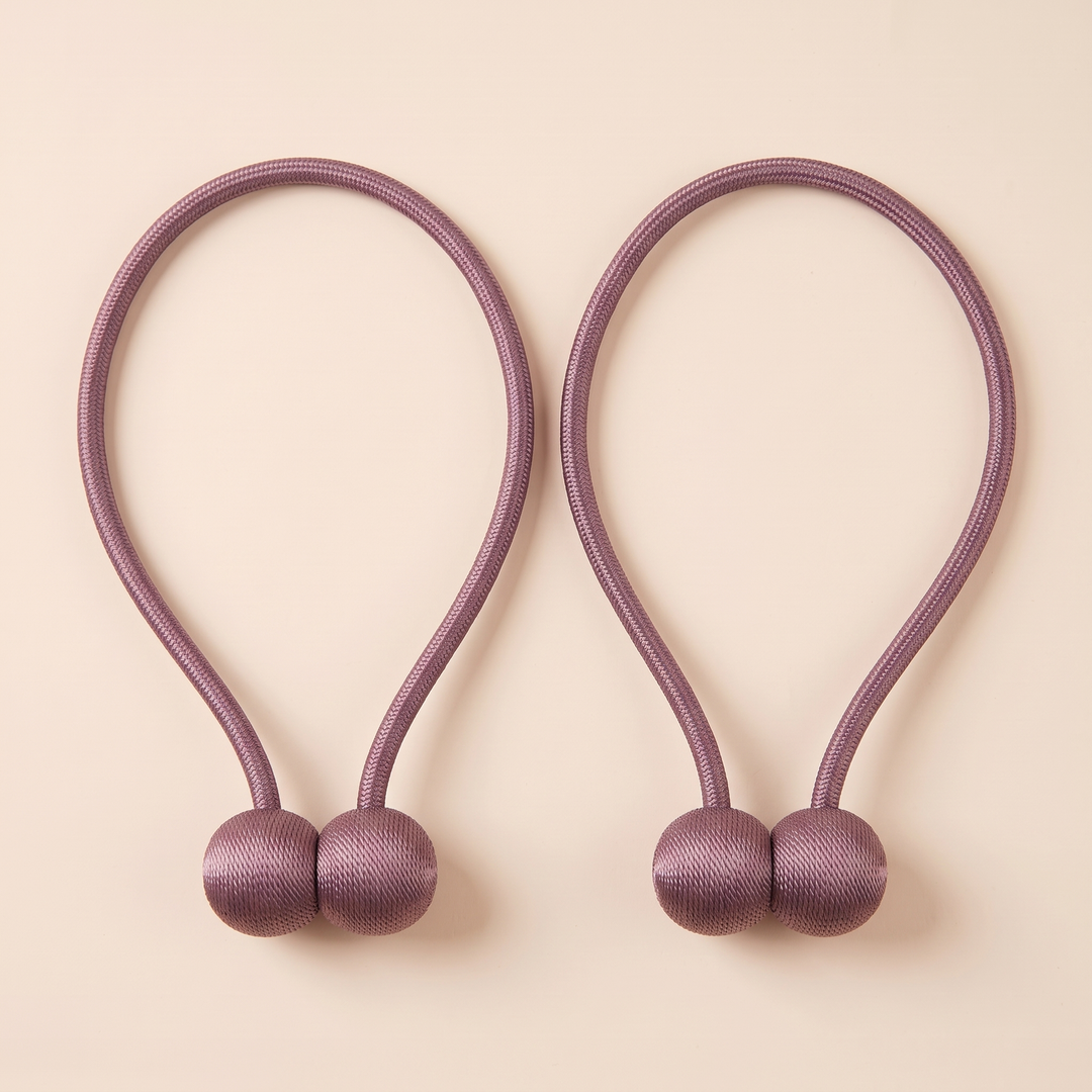 Magnetic Curtain Tiebacks – Set of 2 in Mauve – matching teardrop loops side by side, balls at bottom
