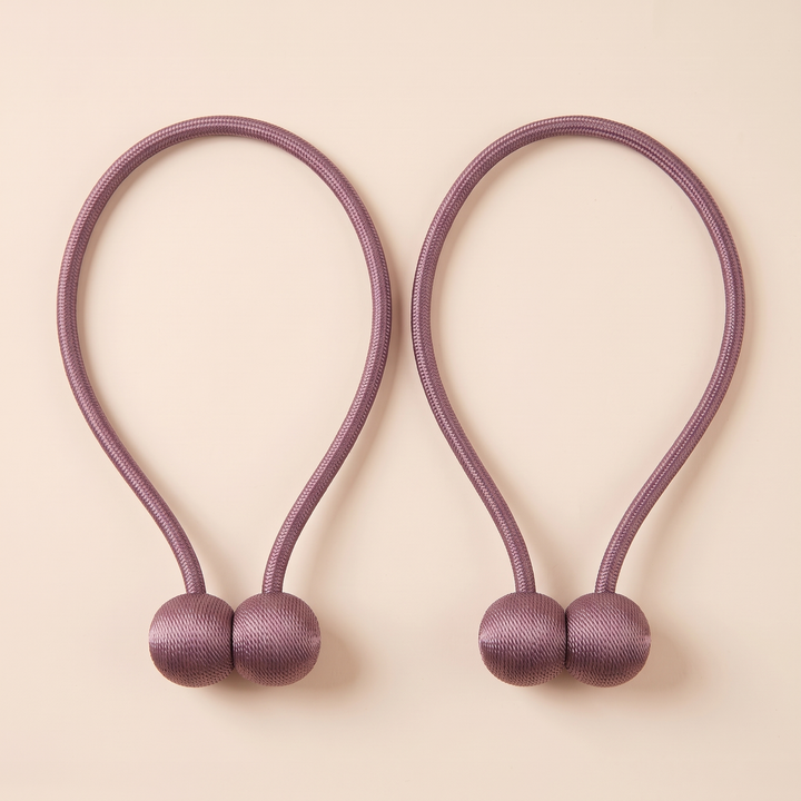 Magnetic Curtain Tiebacks – Set of 2 in Mauve – matching teardrop loops side by side, balls at bottom